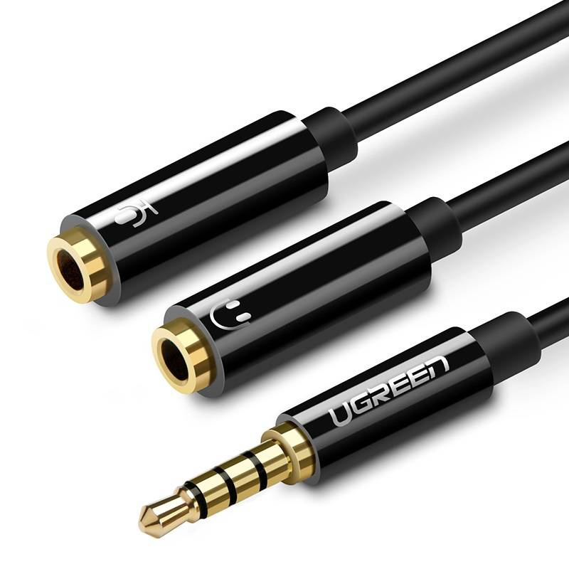  UGREEN AV141 AUX audio splitter cable mini jack 3.5 mm (male) to headphone + microphone (female), 20cm (black)