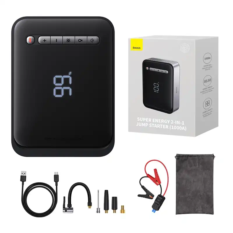 Powerbank / Rozrusznik + Kompresor 2w1 Baseus Super Energy Car Jump Starter, 8000mAh, 1000A USB (czarny)