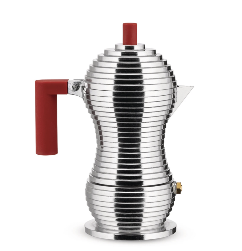 Alessi Pulcina coffee maker for 3 cups with a red handle