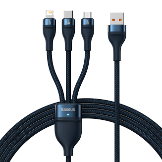 Kabel USB 3w1 Baseus Flash Series, USB-C + micro USB + Lightning, 66W, 1.2m (niebieski) - 2