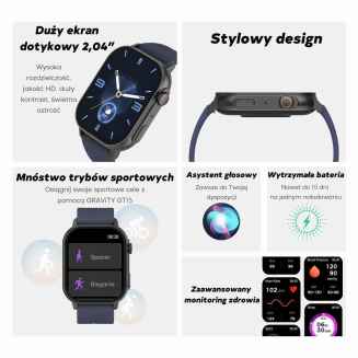 Smartwatch Damski GRAVITY GT15-12 Granatowy Pasek Silikonowy + Czarna Bransoleta - 2
