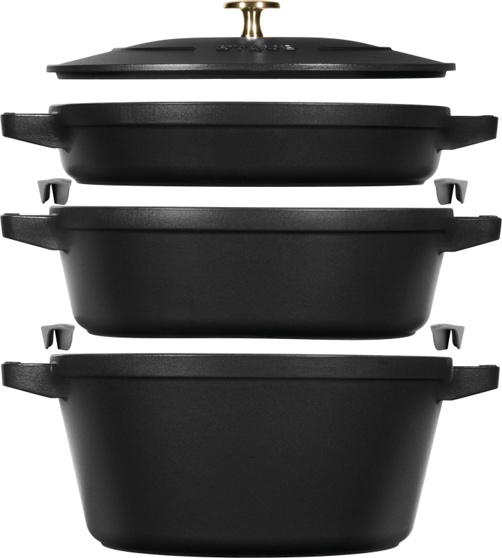  Set of 3 Staub cast iron cookware with lid - 24 cm, Black