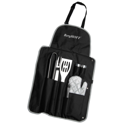 BergHOFF | Zestaw do grillowania w fartuchu Cubo 9 el. : widelec do steków 24 cm nóż do steków 25 cm łopatka. widelec do mięsa 44 cm solniczka 6 cm pieprzniczka 6 cm szczypce. rękawica. fartuch