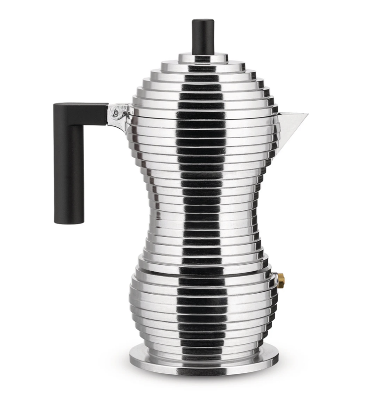 Alessi Pulcina coffee maker for 6 cups with a black handle