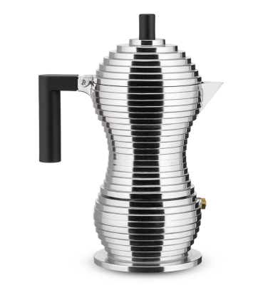 Alessi Pulcina coffee maker for 6 cups with a black handle