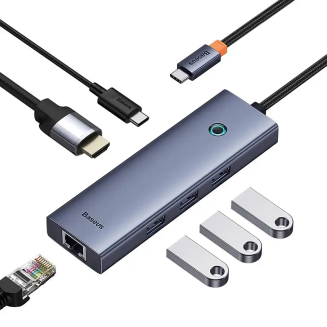Hub 6w1 Baseus UltraJoy  USB-C do HDMI4K@30Hz+3xUSB 3.0+PD+RJ45 (szary) - 6