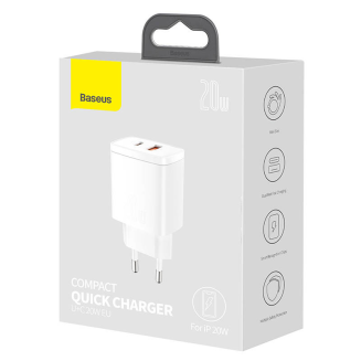 Ładowarka sieciowa Baseus Compact Quick Charger, USB, USB-C, 20W (biała) - 7