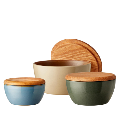  Set of 3 stoneware bowls with lid. Bitz Wood