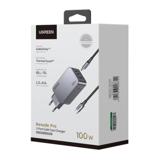 Ładowarka sieciowa Ugreen Nexode Pro 100W, GaN, USB + 2x USB-C (szara) - 3