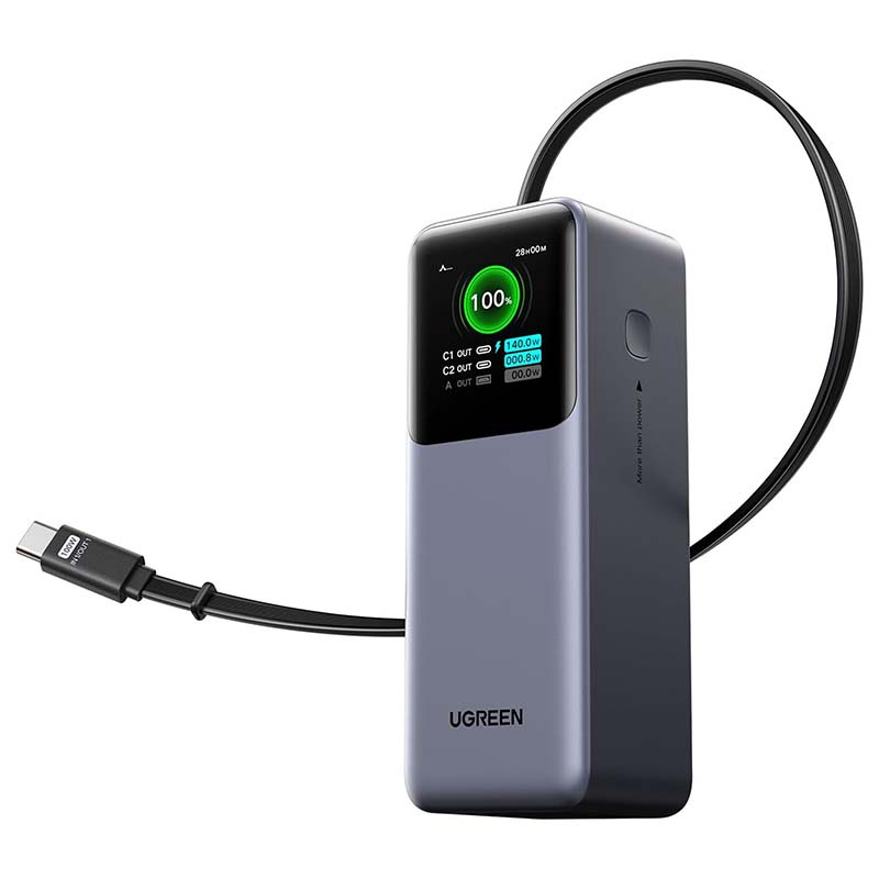 Powerbank 20000mAh Ugreen PB726, USB + USB-C, 165W, ze zwijanym kablem (szary)