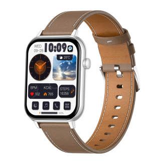 Smartwatch COLMI C28 Srebrny + brązowy skórzany pasek - 2