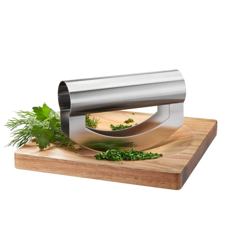  Gefu Viavo knife for herbs and greens with an acacia board