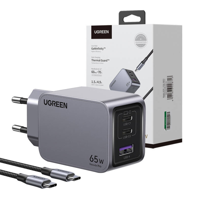  UGREEN Nexode Pro 65W Wall Charger USB-A + 2xUSB-C + USB-C 1.5m (Black)