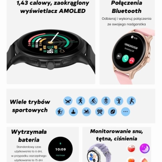 Smartwatch Damski GRAVITY GT12-1 Czarny Pasek Silikonowy + Czarna Bransoleta - 12