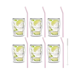 Zestaw 6 szklanek z podwójną ścianką Vialli Design Bolla 300 ml i 6 słomek szklanych różowy