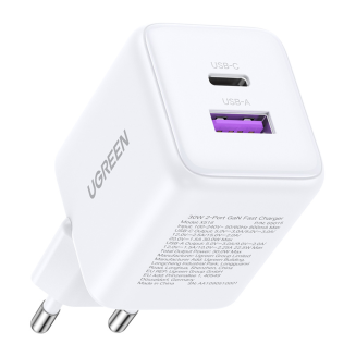  Ugreen X516 USB + USB-C, GaN, 30W Wall Charger (White) - 2