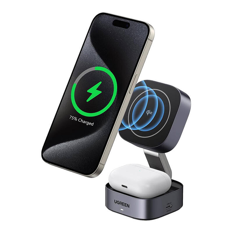  UGREEN W702 15W Qi2 2-in-1 Wireless Charger (Gray)