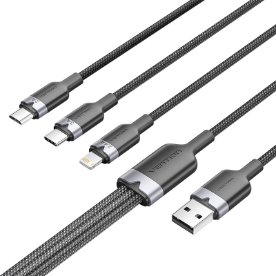 Kabel USB 2.0 A męski do 3 w 1 USB-C, Lightning i Micro-B męskie Vention 3A CTPBG 1.5m