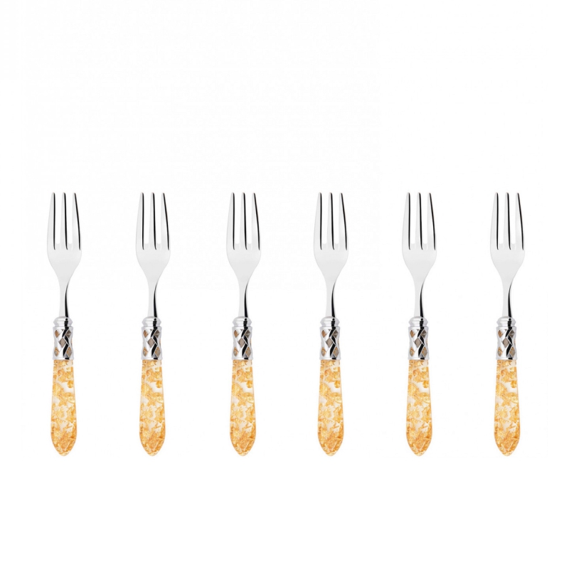 Komplet 6 widelczyków do ciasta w prezentowym opakowaniu Casa Bugatti Aladdin Gold/Steel