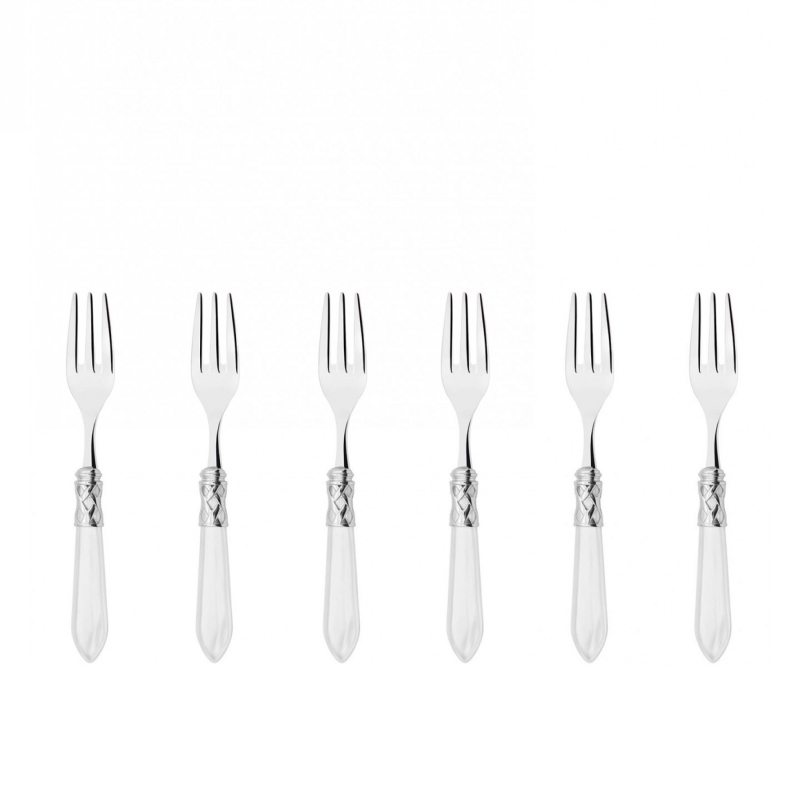 Komplet 6 widelczyków do ciasta w prezentowym opakowaniu Casa Bugatti Aladdin White/Steel